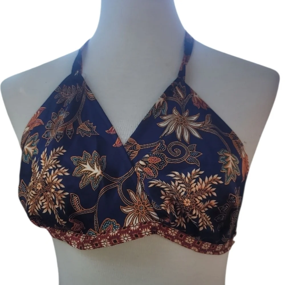 Vintage Floral Halter bikini Crop Top Navy blue rust cream orange small bohemian